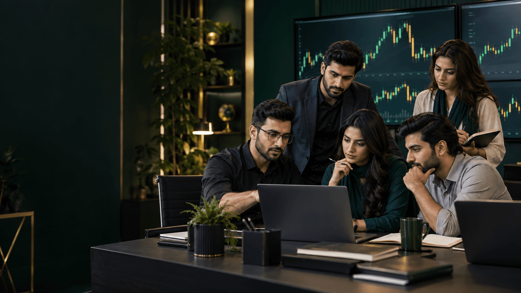Adult learners studying forex charts together