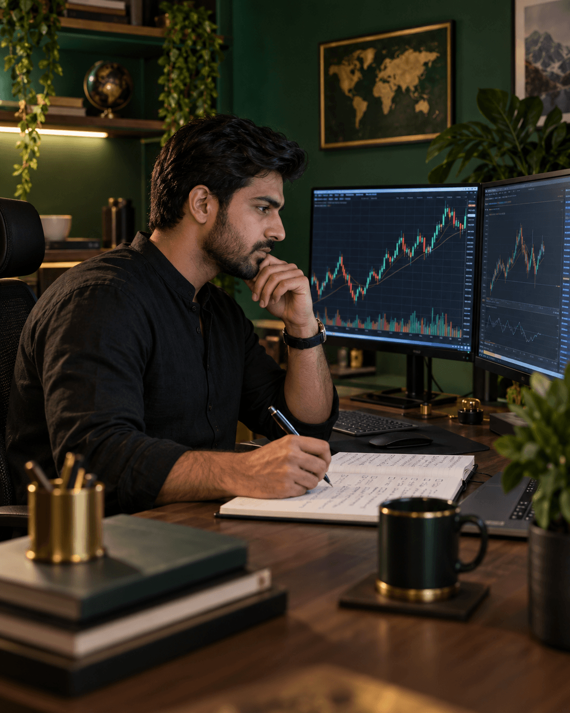 Learner reviewing charts and written trading notes