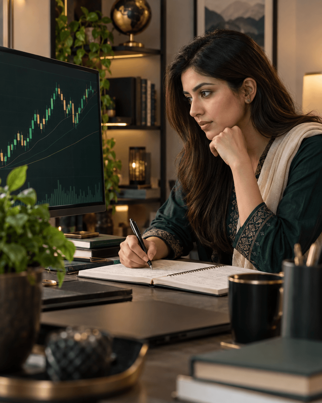 Learner writing a trading plan while reviewing a chart