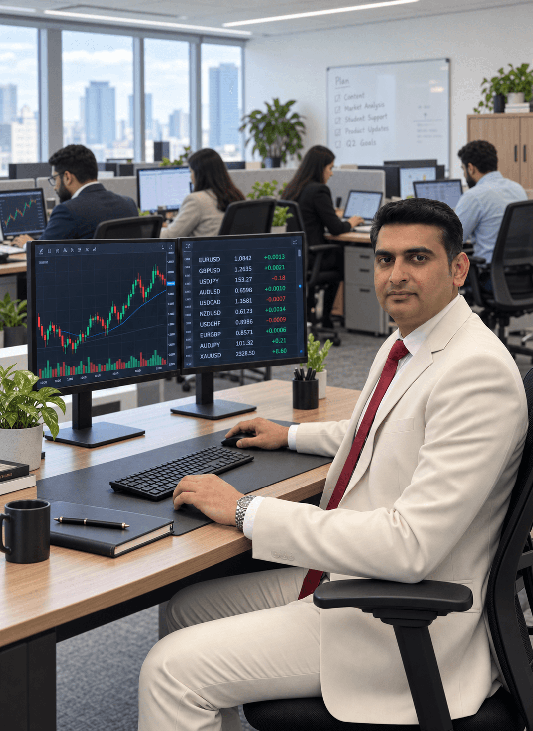 Usman Nazir and his team working in the TradeWise trading office